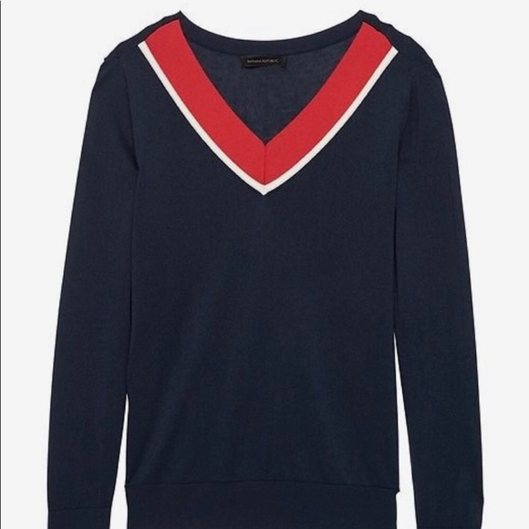 Banana Republic navy & red v neck lightweight cashmere silk blend sweater small - Picture 4 of 7